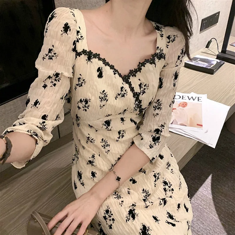 Back to College Floral Dress Women Casual Vintage V-Neck Three Quarter French Slim Party Midi Dress Elegant One-piece Dress Korean  Autumn