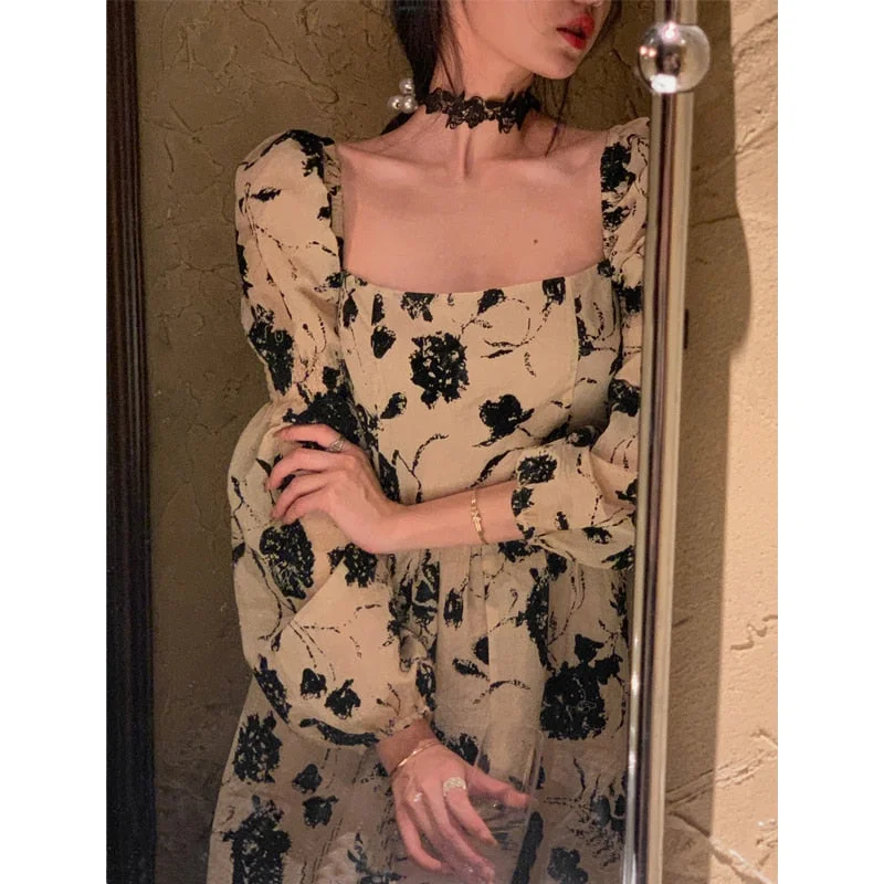 Back to College French Vintage Floral Dress Women Korean Fashion Y2k Midi Dress Party  Autumn Long Sleeve Elegant Retro Dress Female Design