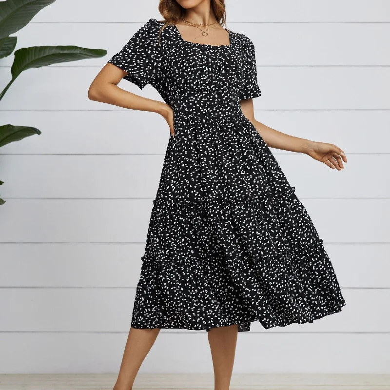 Women Summer Dress Square Collar Short Puff Sleeve Floral Dresses