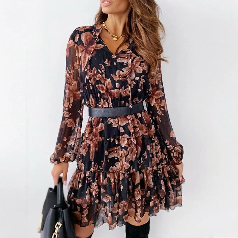 Ladies V Neck Floral Dress Spring Flower Print Long Sleeve Lace-Up Ruffle Dress Chiffon Women Elegant A-Line Party