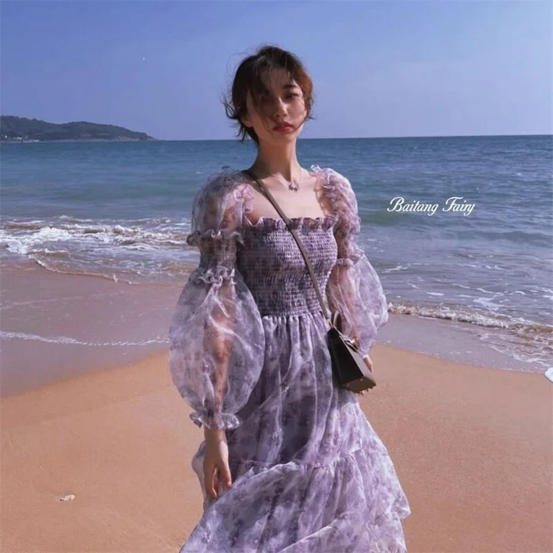 Christmas Gift Women Puff Sleeve Square Collar Boho Beach Floral Dress  Summer Lace Elegant Midi Dress   Female Party One Piece Dress Kor