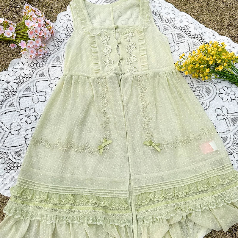 dotted gauze open-front apron dress (grass green)