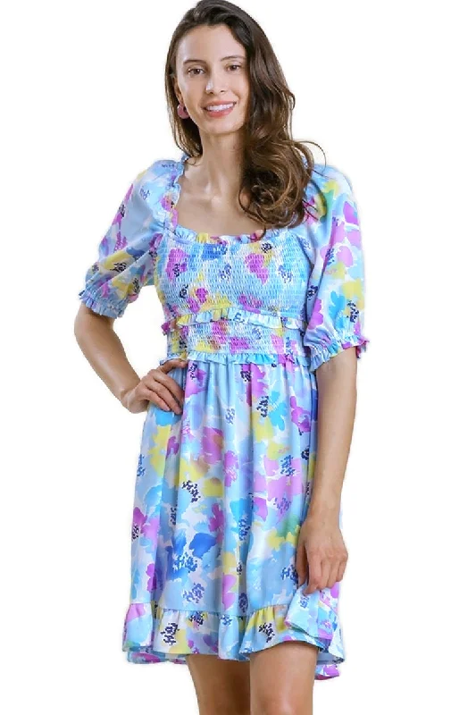 Ruffle & Smocked Floral Dress, Sky