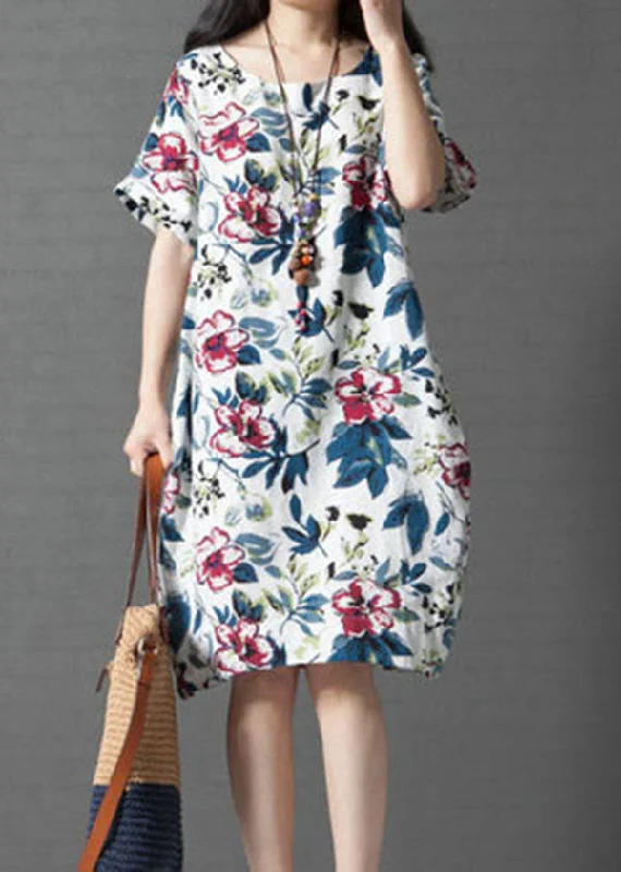 Vintage Women Loose Printing Short Sleeve Elegant Dress