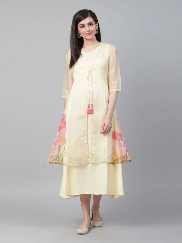 Women Cream Rayon Organza Floral Dress With Jacket