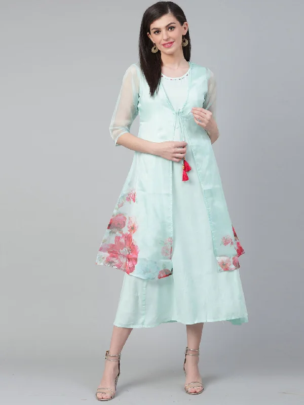 Women Mint Rayon Organza Floral Dress With Jacket