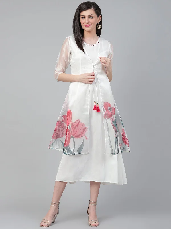 Women White Rayon Organza Floral Dress With Jacket